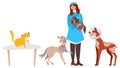 Pet care center, woman volunteer in veterinary clinic or animal shelter with dogs, people vector illustration