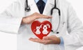Pet care concept veterinarian hands with animal and heart icons