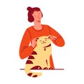 Pet care concept. A young woman cleans the ears of a cat with a cotton swab. Vector illustration in flat style. Isolated