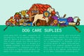 Pet care supply funny colorful banner petsshop advertising bookmark with dog kennel vector illustration. Animal