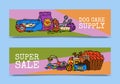 Pet care supply funny colorful banner petsshop advertising bookmark with dog kennel vector illustration. Animal