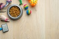 Pet care and training concept. Flat lay composition with cat and dog accessories and bowl with dry kibble food on wooden table. Royalty Free Stock Photo