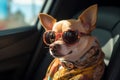 In a pet carrier backpack, a sunglasses wearing Chihuahua embraces safe and stylish car travel