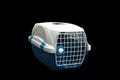 Pet carrier blue and white for traveling with a pet on isolated black Royalty Free Stock Photo