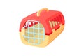 Pet carrier with metal door. Red and orange carrier to transport animals in voyages. Vector illustration