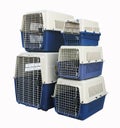 Pet carrier set for traveling with a pet on isolated white Royalty Free Stock Photo