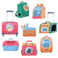 Pet carriers and bags. Cats in different plastic transporters with windows for muzzles, travel and movement with animals Royalty Free Stock Photo