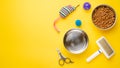 Pet, cat, food and accessories of cat life flat lay, with space for design, on yellow background Royalty Free Stock Photo