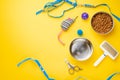 Pet, cat, food and accessories of cat life flat lay, with space for design, on yellow background Royalty Free Stock Photo