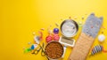 Pet, cat, food and accessories of cat living flat lay, with space for design, on a yellow background. Banner, cat background Royalty Free Stock Photo