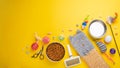 Pet, cat, food and accessories of cat living flat lay, with space for design, on a yellow background. Banner, cat background Royalty Free Stock Photo
