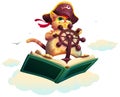 Pet cat pirate fly open book illustration. Reading dream flight journey happy childhood concept Royalty Free Stock Photo