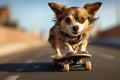 Pet chihuahua on a skateboard, showcasing its funny and entertaining side