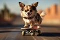 Pet chihuahua on a skateboard, showcasing its funny and entertaining side