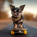 Pet chihuahua on a skateboard, showcasing its funny and entertaining side