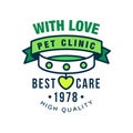 Pet clinic, with love, best care since 1978 logo template design, green badge for company identity, label for veterinary