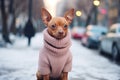 Pet clothes for walk outdoors. Warmly dressed dog in city street. French bulldog walking outside in cold snowy winter