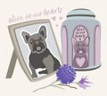 Pet cremation. Photo of lovely dog, cremation urn, toy ball and flower. Vector isolated illustration with lettering