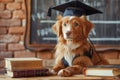 pet dog in an academic cap sits near a school board with a stack of books, ready for the start of the school year. School Royalty Free Stock Photo