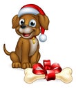 Pet Dog in Christmas Santa Claus Hat and Gift Bone