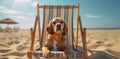 pet dog sunglasses lazy funny summer vacation chair beach relax. Generative AI. Royalty Free Stock Photo