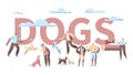 Pet Dog Typography Horizontal Banner. Animal Friend Group Play with People Character in City Park Outdoor