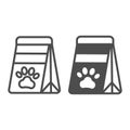 Pet dry food in bag, cat, dog snack, paw print line and solid icon, pets concept, meal, treat vector sign on white Royalty Free Stock Photo