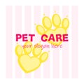 Pet paws with slogan pet care .Paw as heart. Pet spa, psyhology, or hospital and veterinary logotype. Flat cartoon style Royalty Free Stock Photo
