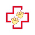 Pet First Aid. Red cross and paw as heart. Vet clinic hospital logotype. Flat cartoon style Royalty Free Stock Photo