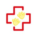Pet First Aid. Red cross and paw as heart. Vet hospital logotype. Flat cartoon style Royalty Free Stock Photo