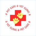 Pet First Aid. Red cross and paw as heart. Veterinary clinic logotype. Flat cartoon style