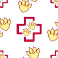 Pet First Aid. Red cross and paw as heart. Veterinary clinic seamless pattern. Flat cartoon style Royalty Free Stock Photo