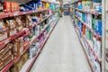 Pet food area and cleaning products in the supermarket of the commercial food chain Dia Royalty Free Stock Photo