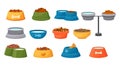 Pet food bowl. Cat and dog cartoon containers with wet and dry meal, water and milk. Canine or feline feed dishes