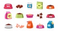 Pet food. Dry meal for cats and dogs cartoon style, colorful bowl jar package container with treats domestic animals