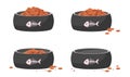 Pet food eating by hungry cat set, sequence game animation with animated steps