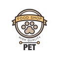 Pet food shop logo template design, brown badge for company identity, label for pet shop, quality service and food