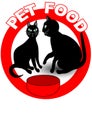 Pet food signboard or product label with two black cats cartoon, aminals in red circle Royalty Free Stock Photo