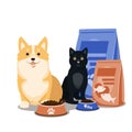 Pet food vector. Illustration of cartoon happy dog and cat sitting with full bowl of dry food and food packages