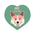 Pet frendly logo with corgi in heart Vector flat illustration