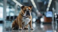 Pet-friendly airline services. Purebred bulldog sitting on empty spacious airport hall. Travelling with pet