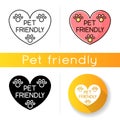 Pet friendly area sign icon. Grooming salon heart shaped logo, animals welcome zone. Cats and dogs permitted territory