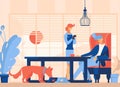 Pet friendly cafe concept. Dog eating from bowl, man sitting with coffee, waiter takes the order. Flat modern illustration good