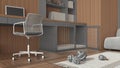 Pet friendly gray and wooden corner office, desk with chair, bookshelf and dog bed with pillow and gate. Bookshelf and carpet with