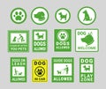 Pet friendly green yellow signs set vector illustration. Dogs allowed play zone signboard