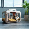 Pet friendly home Opened plastic pet carrier on floor, empty