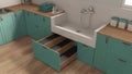 Pet friendly laundry room, close up, mudroom in turquoise tones with cabinets and dog bath shower with tiles and accessories,