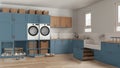 Pet friendly modern blue and wooden laundry room, mudroom with cabinets and equipment, washing machine and dryer. Dog shower bath