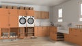 Pet friendly modern orange and wooden laundry room, mudroom with cabinets and equipment, washing machine and dryer. Dog shower
