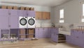 Pet friendly modern purple and wooden laundry room, mudroom with cabinets and equipment, washing machine and dryer. Dog shower